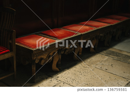 Red velvet chairs in the old church of Split. Close up. Red velvet chairs in the old church of Split. Close up. 136759381