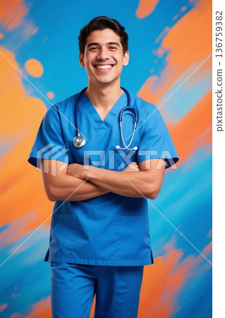 Smiling young male doctor in blue uniform Smiling young male doctor in blue uniform 136759382