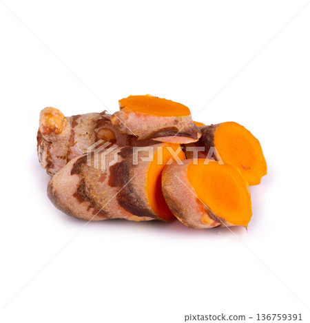 Turmeric Herb Contains Bioactive Compounds isolated over white background. 136759391