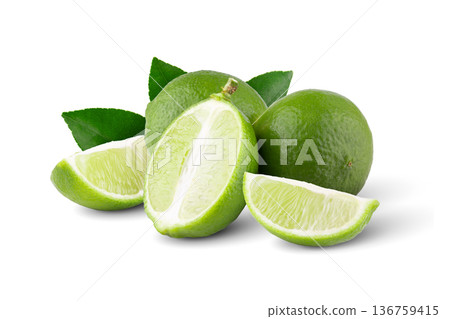 Whole and sliced limes, Sour green fruit isolated on alpha background. Whole and sliced limes, Sour green fruit isolated on alpha background. 136759415
