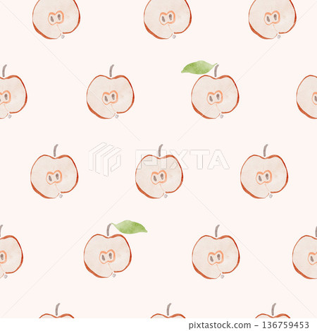 Watercolor seamless pattern of fresh apples slices and green leaves. Hand-drawn ripe fruits isolated on white background. Tasty food illustration for design, print, fabric or background. 136759453