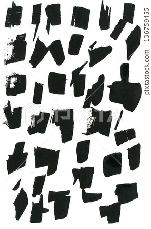 Black ink brush strokes and random splashes on white paper. Natural handmade textures for posters, flyers, covers, branding and experimental graphic design. Black ink brush strokes and random splashes on white paper. Natural handmade textures for posters, flyers, covers, branding and experimental graphic design. 136759455