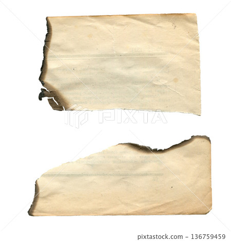 Vintage abstract old burnt paper sheet with rough torn edges. Worn antique paper texture. Burnt paper cutout ripped old vintage sheet. For interior design, prints, fabric or background. Vintage abstract old burnt paper sheet with rough torn edges. Worn antique paper texture. Burnt paper cutout ripped old vintage sheet. For interior design, prints, fabric or background. 136759459