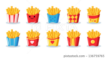 Set of cute cartoon french fries in different colorful paper boxes, fast food icons 136759765