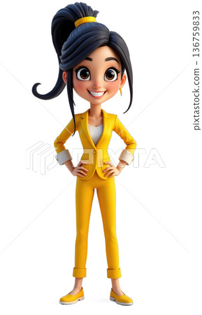 A dynamic female CEO in bright yellow, with technology-driven patterns and market insights framing her, reflecting her bold leadership 136759833