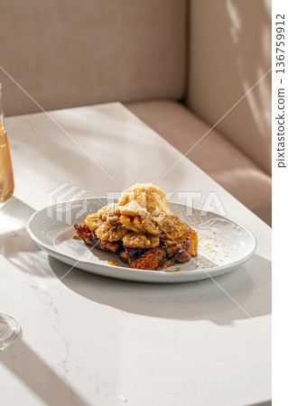 Banana caramel dessert with ice cream 136759912