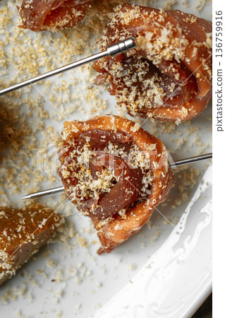Bresaola skewers with honey ricotta appetizer Bresaola skewers with honey ricotta appetizer 136759916