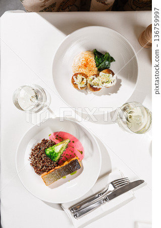Gourmet lunch with salmon and cutlets Gourmet lunch with salmon and cutlets 136759997