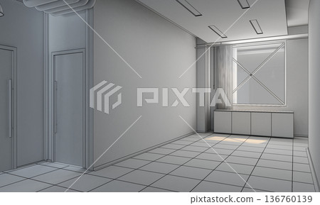 visualization of a large empty interior, 3D illustration visualization of a large empty interior, 3D illustration 136760139