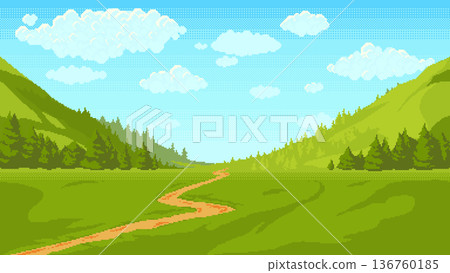 Pixel art green valley landscape background Pixel art green valley landscape background 136760185