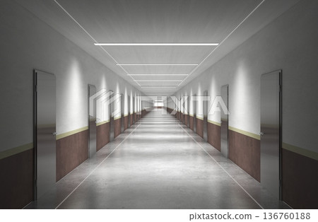 long corridor with doors, interior visualization, 3D illustration 136760188