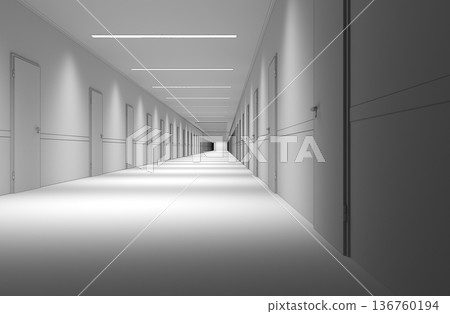 long corridor with doors, interior visualization, 3D illustration 136760194