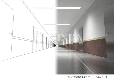 long corridor with doors, interior visualization, 3D illustration long corridor with doors, interior visualization, 3D illustration 136760198