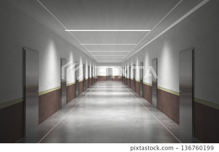 long corridor with doors, interior visualization, 3D illustration long corridor with doors, interior visualization, 3D illustration 136760199