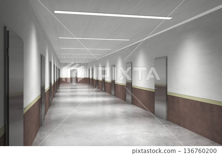 long corridor with doors, interior visualization, 3D illustration 136760200