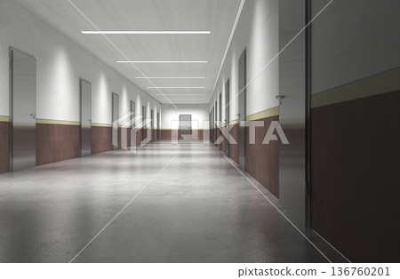 long corridor with doors, interior visualization, 3D illustration 136760201