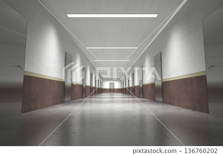 long corridor with doors, interior visualization, 3D illustration 136760202