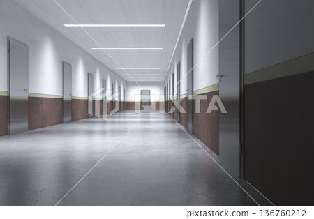 long corridor with doors, interior visualization, 3D illustration long corridor with doors, interior visualization, 3D illustration 136760212