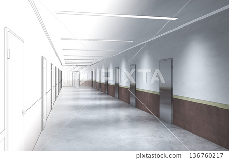 long corridor with doors, interior visualization, 3D illustration 136760217