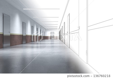 long corridor with doors, interior visualization, 3D illustration 136760218