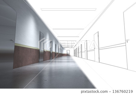 long corridor with doors, interior visualization, 3D illustration 136760219