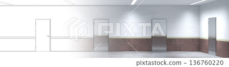 long corridor with doors, interior visualization, 3D illustration 136760220