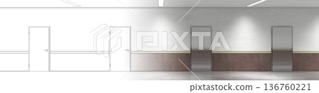 long corridor with doors, interior visualization, 3D illustration 136760221