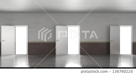 long corridor with doors, interior visualization, 3D illustration long corridor with doors, interior visualization, 3D illustration 136760228
