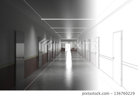 long corridor with doors, interior visualization, 3D illustration long corridor with doors, interior visualization, 3D illustration 136760229