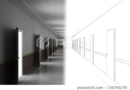 long corridor with doors, interior visualization, 3D illustration long corridor with doors, interior visualization, 3D illustration 136760230
