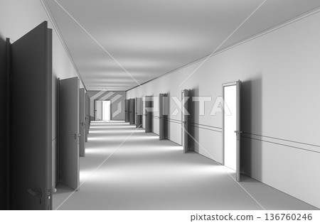 long corridor with doors, interior visualization, 3D illustration 136760246