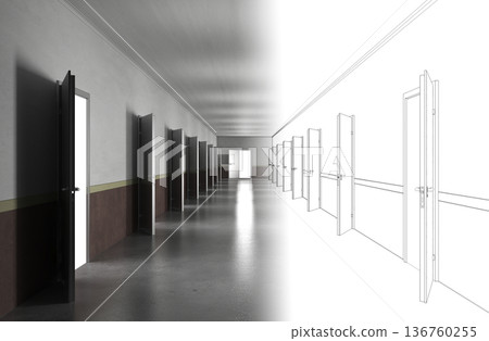 long corridor with doors, interior visualization, 3D illustration long corridor with doors, interior visualization, 3D illustration 136760255