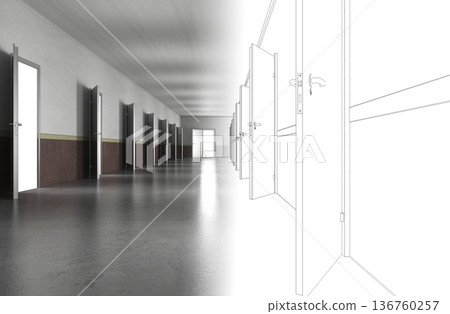 long corridor with doors, interior visualization, 3D illustration 136760257