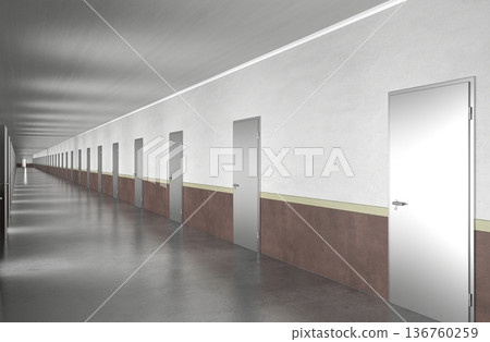 long corridor with doors, interior visualization, 3D illustration long corridor with doors, interior visualization, 3D illustration 136760259