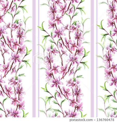 A seamless pattern of delicate peach branches with flowers and stripes. Watercolor illustration for packaging design, fabric printing, interior design, greeting cards, holiday decor, and souvenirs. 136760478