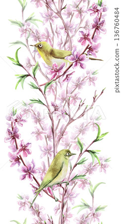 A seamless vertical border with blooming peach branches and small birds. Watercolor illustration for interior design, travel websites, postcards, fabric printing, and packaging. A seamless vertical border with blooming peach branches and small birds. Watercolor illustration for interior design, travel websites, postcards, fabric printing, and packaging. 136760484