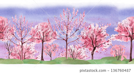 A seamless border with blossoming trees on a grassy background with a lilac sunrise. Watercolor landscape illustration for interior design, travel websites, postcards, fabric printing, and packaging. A seamless border with blossoming trees on a grassy background with a lilac sunrise. Watercolor landscape illustration for interior design, travel websites, postcards, fabric printing, and packaging. 136760487