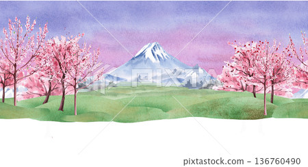 A seamless border featuring Mount Fuji and flowering trees. Watercolor landscape illustration for interior design, travel websites, postcards, fabric printing, and packaging. 136760490