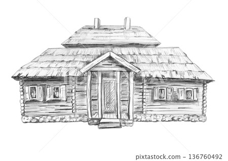 A detailed pencil illustration of a rustic log cabin with a thatched roof. Isolated illustration for country-style branding, real estate marketing, historical images, and travel brochures. 136760492