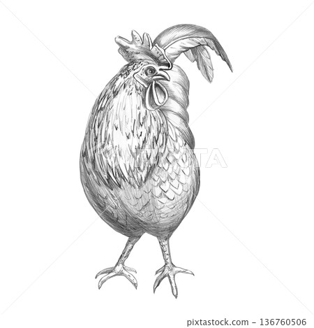 A detailed pencil drawing of a rooster. Isolated illustration for farm-themed designs, culinary branding, and educational materials. Add a touch of rustic charm and a natural artistic style. A detailed pencil drawing of a rooster. Isolated illustration for farm-themed designs, culinary branding, and educational materials. Add a touch of rustic charm and a natural artistic style. 136760506