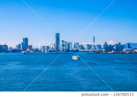 Japan's Yokohama cityscape: rare and new sights. A panoramic view of Yokohama city... Marine Rouge and Mt. Fuji... and even a contrail Japan's Yokohama cityscape: rare and new sights. A panoramic view of Yokohama city... Marine Rouge and Mt. Fuji... and even a contrail 136760515