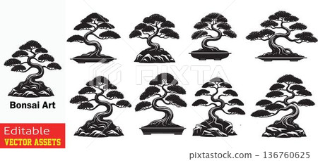 Bonsai tree silhouettes with varied trunk shapes and leaf arrangements perfect for graphic design and art projects featuring serene natural elements Bonsai tree silhouettes with varied trunk shapes and leaf arrangements perfect for graphic design and art projects featuring serene natural elements 136760625