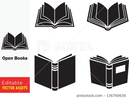 Collection of open book icons in various orientations and designs isolated on transparent background for educational purposes Collection of open book icons in various orientations and designs isolated on transparent background for educational purposes 136760636