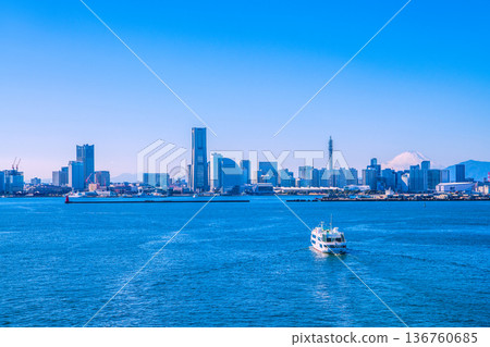 Japan's Yokohama cityscape: rare and new sights. A panoramic view of Yokohama city... Marine Rouge and Mt. Fuji in competition... 136760685