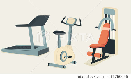 Fitness equipment set with treadmill, stationary bike and weight machine, gym interior elements isolated on white Fitness equipment set with treadmill, stationary bike and weight machine, gym interior elements isolated on white 136760696