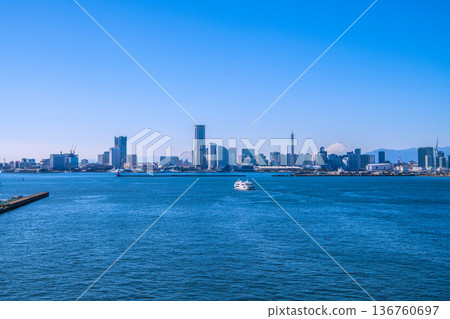 Japan's Yokohama cityscape: rare and new sights. A panoramic view of Yokohama city... Marine Rouge and Mt. Fuji... and even a contrail Japan's Yokohama cityscape: rare and new sights. A panoramic view of Yokohama city... Marine Rouge and Mt. Fuji... and even a contrail 136760697