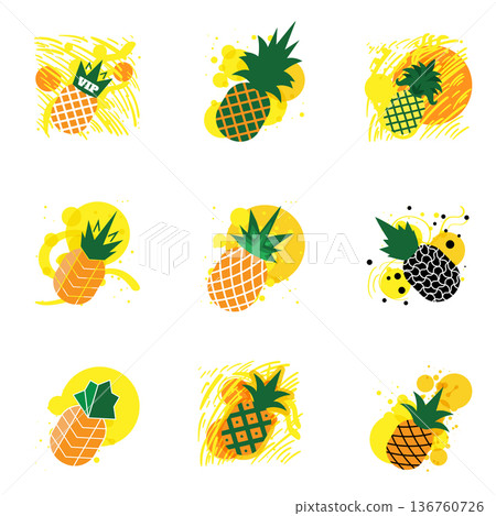 Fashion tropics funny pineapples print for T-shirt on colorful background 136760726