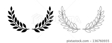 Laurel wreath icon, award symbol with leaf and branch in a circle 136760935