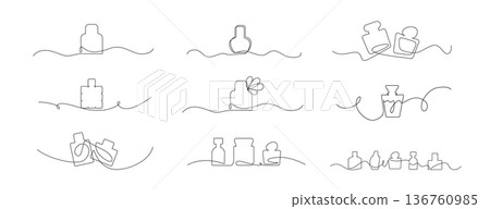 Continuous line perfume bottle. Hand drawn eau de toilette fragrance spray Continuous line perfume bottle. Hand drawn eau de toilette fragrance spray 136760985