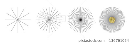Line sun ray set. Star burst icon, sunburst radial shapes collection Line sun ray set. Star burst icon, sunburst radial shapes collection 136761054